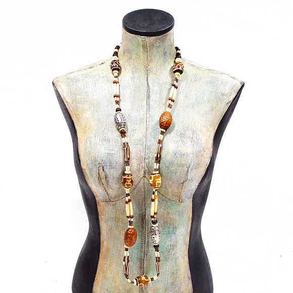 VTG 80's Ex Long Bone Wood and Aluminum Necklace - Picture 1 of 3